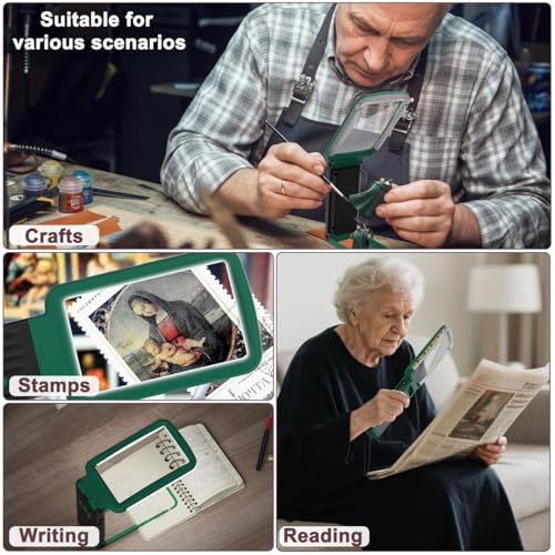 15X Magnifying Glass with Light and Stand, Real Glass Lens, Rechargeable Foldable Handheld Magnifier, 3 Color Modes Dimmable Lighted Page Magnifier for Reading Fine Prints, Seniors, Green-Black - color: Green Black