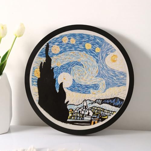 Esffaci Embroidery Starter Kit for Adults Beginners with Van Gogh Starry Night Pattern Stamped Cross Stitch Set with Embroidery Cloth Hoop Needles Threader Colorful Floss and Instruction - color: Starry Night