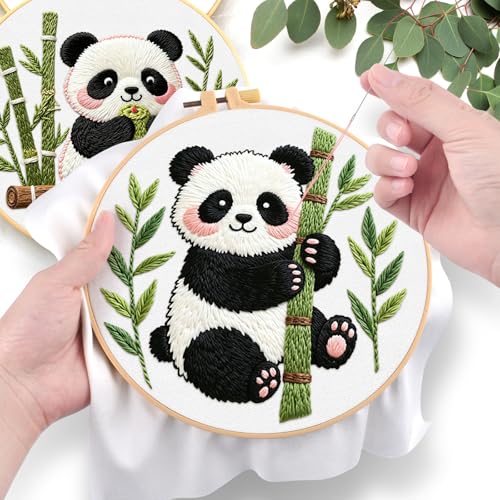 ERKOON Embroidery Kit for Beginners, 2 Set Flower Cross Stitch Set Include Embroidery Cloth Hoops Threads for Craft Lover Hand Stitch with Embroidery Skill Techniques (Panda) - color: Panda