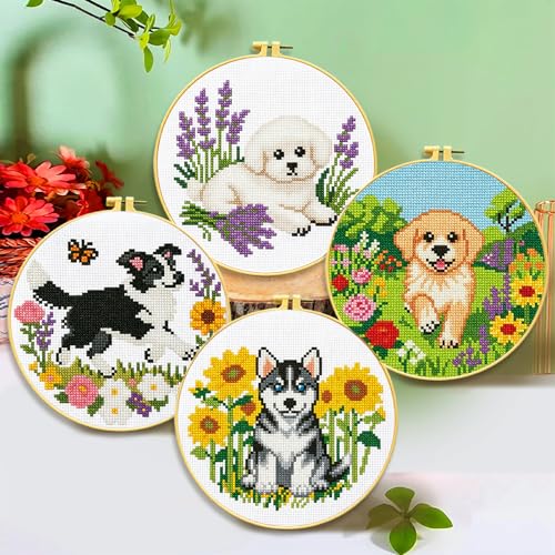 Zhenqing 4 Dog Breeds Cross Stitch Kit for Beginners, 11CT Printed 24x24cm with Hoop, Border Collie Bichon Golden Retriever Husky Designs in Flower Gardens(70860)