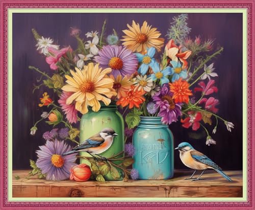 Disnesart Cross Stitch Stamped Full Embroidery Kits DIY 11CT Cotton Thread Printed DIY Needlepoint Kits Craft Needlework Set Cross-Stitch Stamped Sets-Flower Bird 16x20 inch - color: Stylepattern07