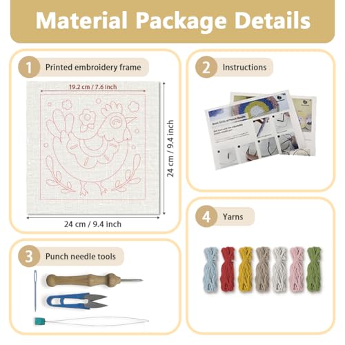 Doodlream Cute Chickens DIY Punch Needle Embroidery Kit for Adult Beginner, 9.4" Rooster Animal Punch Stitching Craft Set for Starter with Frame, Fabric Pattern, Threader, Yarn, Pinch Needle - color: Chickens