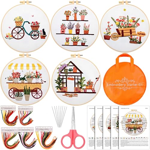Kigley 5 Sets Embroidery Starter Kit for Adults Plant Lover Gifts for Women Beginners Flower Embroidery Shop Pattern Cross Stitch Set Flower Needlepoint Kits