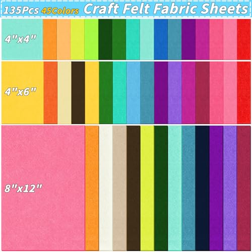 135PCS Felt Fabric Sheets Kit 45 Colors 2mm 3 Size Craft Felt Sheets - size: 4x4in+4x6in+8x12in