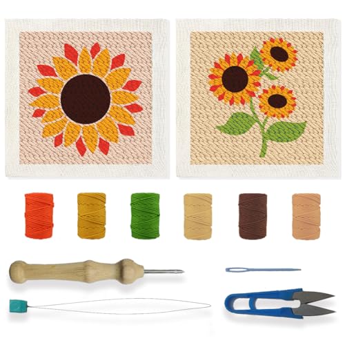 BEUNITONE 2 Sets DIY Punch Needle Kits for Beginners,Sunflower Pre-Printed Pattern,Embroidery Punch Needle Starter Kits for Adults,Includes Pre-Printed Cloth,Yarns,Hoops,Threader and Instruction - color: 09-Horse