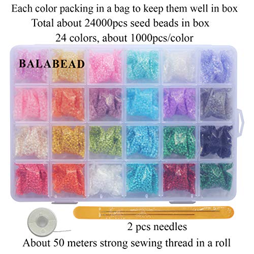 Bala&Fillic Size Uniform 12/0 Glass Seed Beads With Beading Needles and String About 24000pcs in Case 2mm Craft Seed Beads for Jewelry Making (About 1000pcs/Color, 24 Colors) - color: 24 Colors Consistent -Size 2mm
