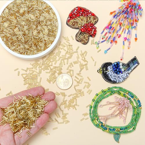 4200pcs Glass Bugle Beads, Mini Long Tube Seed Beads Bulk, Tiny Small Loose Spacer Embroidery Beaded for Bracelets Jewelry Making Sewing, Crafts, Christmas Ornaments, 2×6mm, Gold - color: Gold