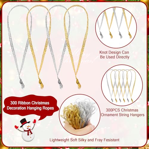 JUNEBRUSHS 300Pcs Christmas Ornament Ribbon Hangers, Hand Tied Christmas Ornament String Ties Loops Thin Ribbon for Ornaments Christmas Tree Hanging Decoration Gold Silver - color: Gold Silver