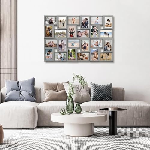 J.M.Deco Collage Picture Frames for Wall 24 Slots, Reunion Friends Family Memory Large Photo Frame Selfie Gallery Puzzle Collage Wall Hanging for 4x6 Photo | Grey - color: Grey, size: 24 Opening