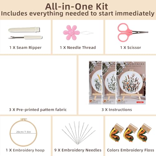 Herdiese Embroidery Kit for Beginners & Adults, 3PCS Floral Patterns. - color: Flower-C (3 Pack)