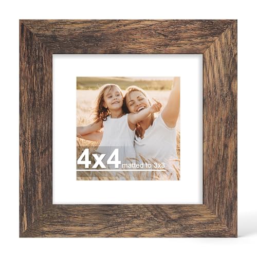 Hongkee 4x4 Picture Frame with Real Glass Wood Frame, 1 Pack (with Mat 3x3) - color: Rustic Brown, size: 4X4 in