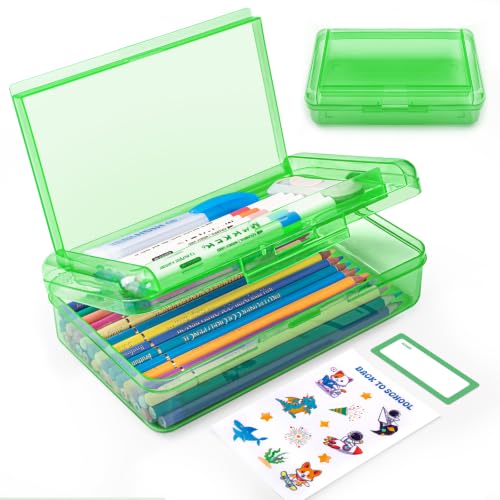 Double Layer Plastic Clear Hard Pencil Cases Box with Personalized sticker - color: Green-Stickers