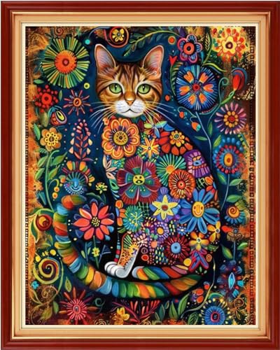 Dimensean Stamped Cross Stitch Kits Full Range of Embroidery Patterns Starter Kits for Beginners Adult or DIY Cross Stitches Needlepoint Kits 11CT-Flower Cat 16x20 inch - color: Arts kits 11