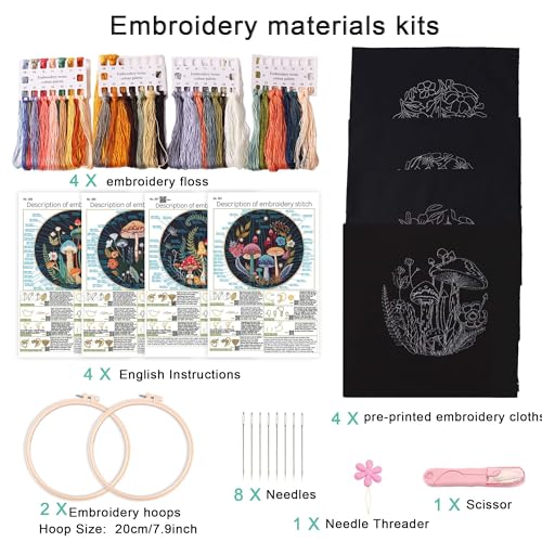 Harimau Adult Beginner Embroidery Starter Kit, Complete Set with 4 Patterns, 2 Hoops, Needles, Scissors, Instruction Guide & Stitching Video Tutorials - color: Mushroom pattern