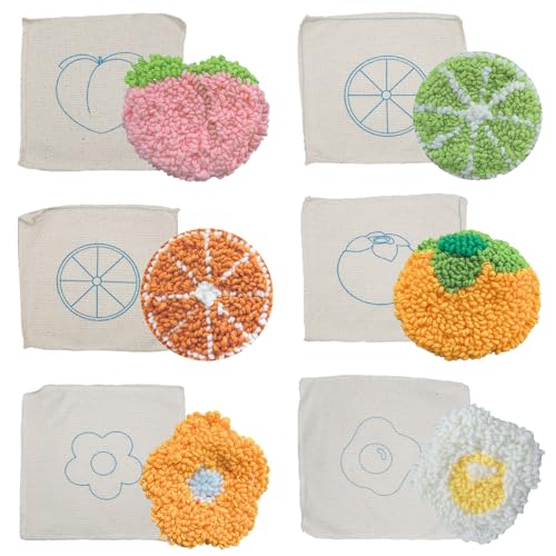 Allazone Punch Needle Coasters Kit, 6 Pattern Embroidery Punch Needle Kits, Punch Embroidery Kit, Fruit Pattern Coasters with Felt Yarns Hoop Tools for DIY Crafts - color: 6PCS Coasters
