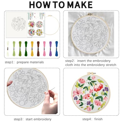 INFUNLY 4 Pack Pink Flowers Embroidery Starter Kit for Beginners Colorful Butterfly DIY Embroidery Kits for Adults Stamped Needlepoint Set with Step-by-Step Instructions Threads Craft Lover Gift - style: Pink Flowers