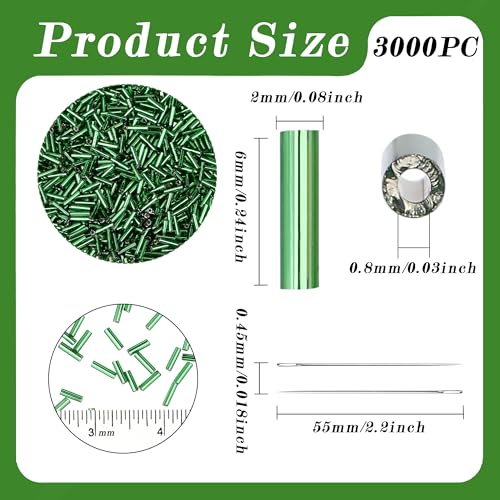 3000PC Green Glass Bugle Beads 6MM Green Tube Beads - color: green