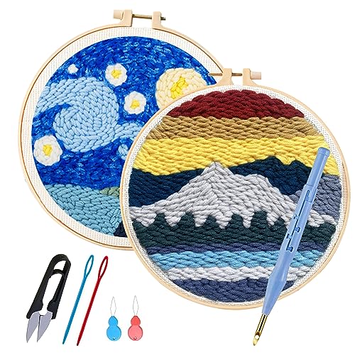 Allazone Punch Needle Starter Kit, Pattern & Fabric Embroidery, Adjustable Embroidery Pen for Adults & Kids Beginners (Mondlicht & See) - color: Mondlicht & See