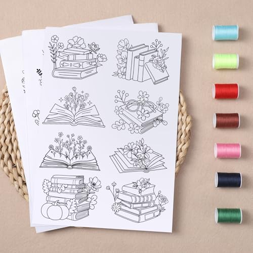 Water Soluble Embroidery Patterns Stabilizers, 4 Sheets Book Lover Stick and Stitch Embroidery Paper Wash Away, Pre-Printed Flower Transfer Papers Customized Gifts for Hand Sewing Lover Beginners - size: Flower Book B