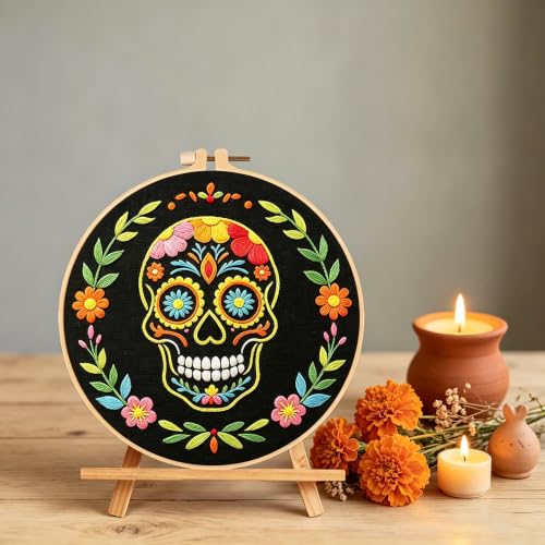 Nuberlic Sugar Skull Embroidery Kit for Beginners Adults Stamped Needlework - color: Sugar Skull