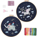WHEWGLC Embroidery Kit for Beginners, 2 Set Embroidery Starter Kit Cute Animal Patterns, Instruction & Video with Wooden Hoops Needles Threads DIY Hand Sewing Gift for Adults and Teens - size: 6.3 In 2PCS