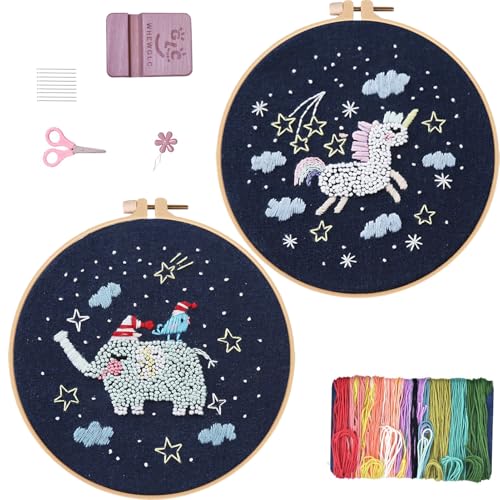 WHEWGLC Embroidery Kit for Beginners, 2 Set Embroidery Starter Kit Cute Animal Patterns, Instruction & Video with Wooden Hoops Needles Threads DIY Hand Sewing Gift for Adults and Teens - size: 6.3 In 2PCS