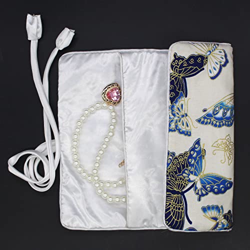 SmilerSmile Jewelry Travel Bag Embroidery Travel Jewelry Organizer with Tie Close Embroidered Flower Jewelry Roll for Women Girls (Butterfly/White) - color: 01 White/Butterfly