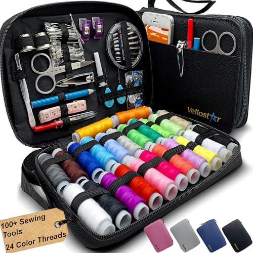 Vellostar Sewing Kit for Adults, 100-Piece Needle and Thread Travel Kit - color: Premium Black