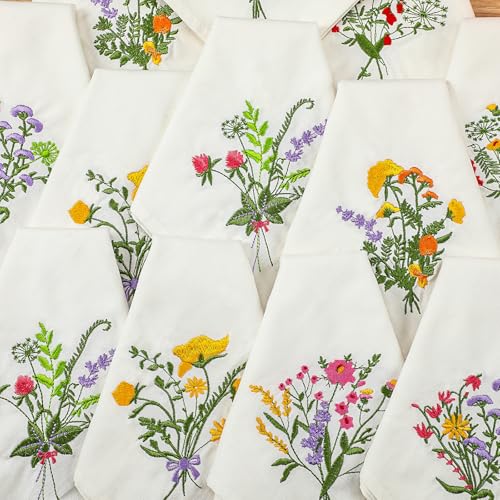 Tioncy 6 Pcs Floral Embroidery Napkins 18" Embroidery Flower Linen Cotton Napkin Bulk for Wedding Tea Cocktail Spring Flower Birthday Party Table Centerpiece Mexican Kitchen Curtain Decor (White) - color: White