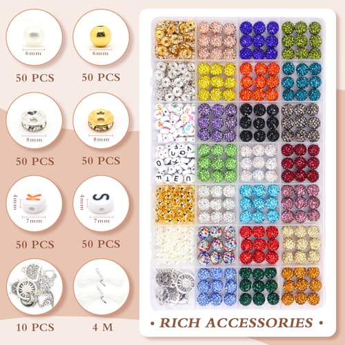501 Pcs Rhinestone Bead Kit for Bracelet, 10mm Sparkle Clay Crystal Beads for Jewelry Making, 21 Colors Shiny Disco Ball Beads for Crafts Baseball Necklace Keychain Earrings DIY Decoration (Kit 1) - color: Kit 1