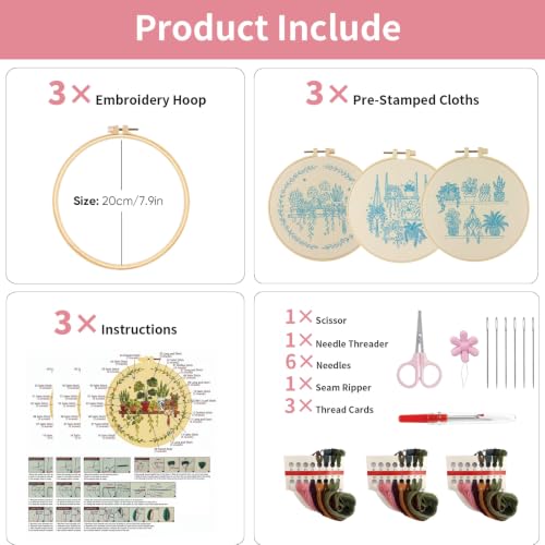 3 Packs Embroidery Kit for Adults, Embroidery for Beginners (Plant-1) - color: Plant-1