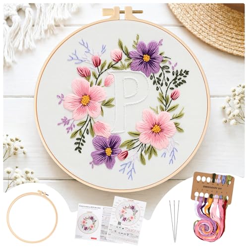 Zerzsy 7.87 '' Embroidery Kits Plant Flower Leaf English Letter Patterns for Beginners Adults, Easy to Learn Cross Stitch Kit for Home Office Decor - color: Letter P