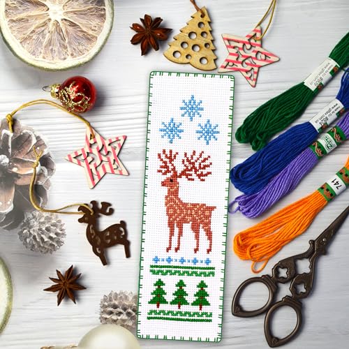 Povitrulya Winter Deer Counted Cross Stitch Bookmark Kit - DIY Embroidery Set with a Sampler Pattern of Reindeer and Snowflakes - Handmade Christmas, New Years Gift - color: Winter`s Deer