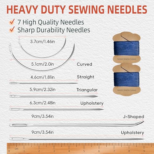Upholstery Repair Kit: Extra Strong Waxed Sewing Thread 2 Rolls (Dark Blue) &Heavy Duty Household Hand Needles (7 PCS) for Leather, Canvas, Bookbinding & Quilting Thread - color: Dark Blue