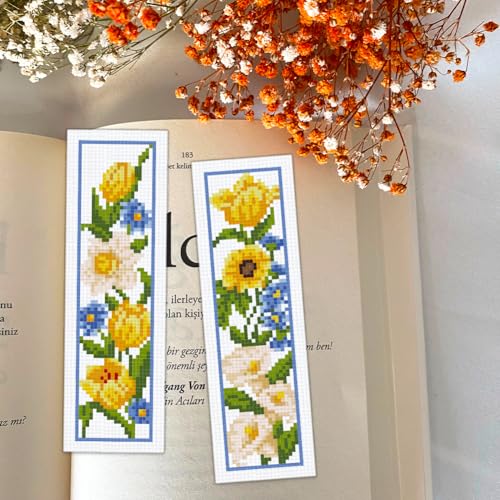 BEUNITONE 6 Pcs Flowers Cross Stitch Bookmark Kit for Adults Beginners Vivid Floral DIY Stamped Embroidery Bookmark Punch Needle Kit with Instructions for Book Lovers Reader Writer Gift 8''x2.4'' - style: Flower Cluster B