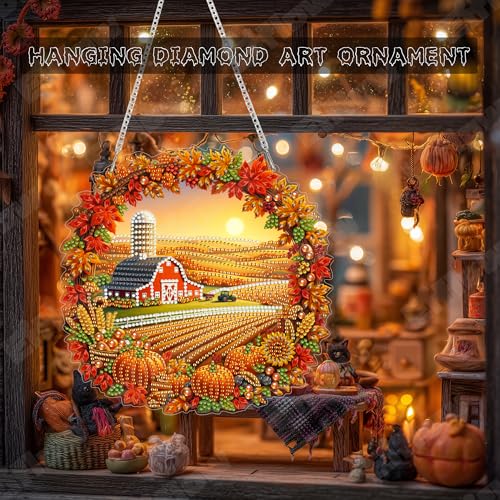 Eiflow Acrylic Diamond Art Hanging Kit for Adults, DIY Diamonds Painting Door Hanger Board Kit, Special Crystal Diamond Art Painting Pendant Ornament (Fall Field) - color: Fall Field
