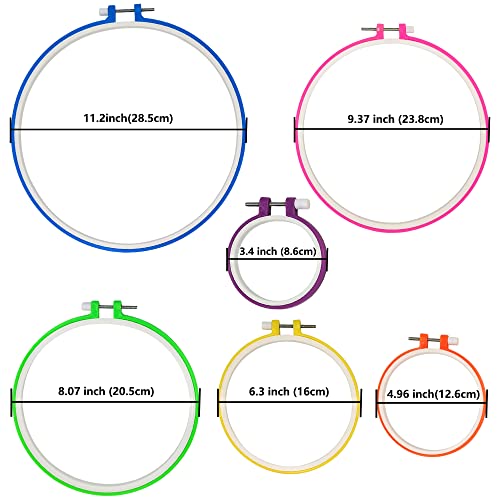 Cldamecy 6 Pieces Multicolor Embroidery Hoops (3.4 inch to 11.2 inch),Plastic Round Adjustable Circle Frame Cross Stitch Hoops for Embroidery,Decoration,Art Craft and DIY Project