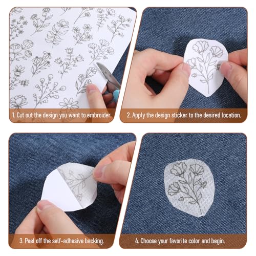 Stick and Stitch Embroidery Paper 4 Sheets, Water Soluble Embroidery Patterns Pre-Printed Wash Away Stabilizer, Dissolvable Floral Leaf Transfer Templates for Hand Sewing Clothes Canvas Bags Jeans