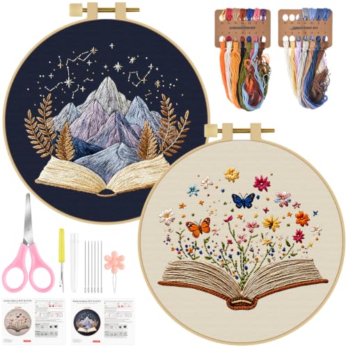 ERKOON Embroidery Kit for Beginners, 2 Set Floral Cross Stitch Set Include Embroidery Cloth Hoops Threads for Craft Lover Hand Stitch with Embroidery Skill Techniques (Book) - color: Book