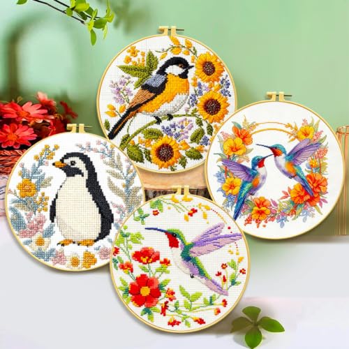 FEIYUENO 4 Pack Bird Cross Stitch Embroidery Kits for Adults (Hummingbird) - color: Hummingbird
