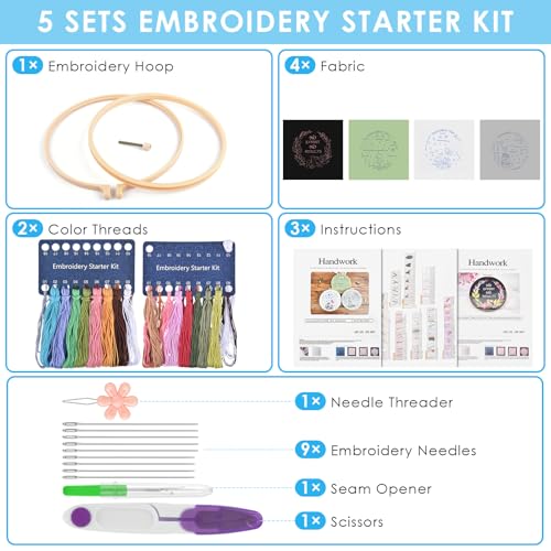 ERKOON 4 Pack Beginner Embroidery Kits for Adults DIY Starter Kit with 33 Stitch Techniques, Stamped Patterns, Embroidery Hoop, Colorful Threads, Tools, Step by Step Instructions & Video Tutorial - color: Embroidery-time1/2/3