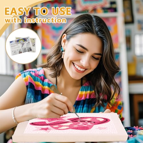 DOODLREAM Weatern Cowboy Punch Needle Kit for Beginner, 9.4"x9.4" Pink Star Hat Stitching Craft Set, DIY Embroidery Starter with Printed Frame, Instruction, Threader, Yarn, Pinch Needle - color: Pink Star Hat