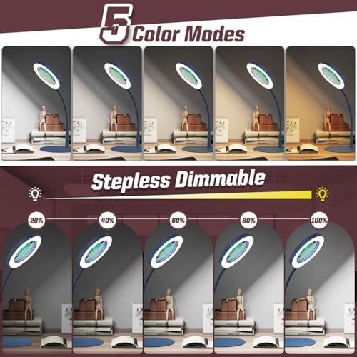 10X Magnifying Glass with Light and Stand, 5 Color Modes Stepless Dimmable LED Lighted Desk Lamp, Hands Free Flexible Gooseneck Magnifier with Light for Craft Hobby Painting Close Work - Blue - color: Blue, size: 10X-12.6in