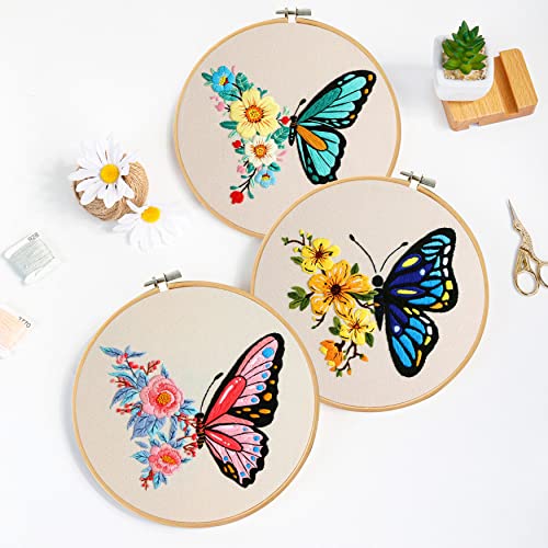 Santune 3 Pack Embroidery Kit for Beginners Adults Cross Stitch Kits with Butterfly Patterns and Instructions,DIY Hand Crafts with 1 Hoop,Threads and 6 Needles - color: Butterfly Series