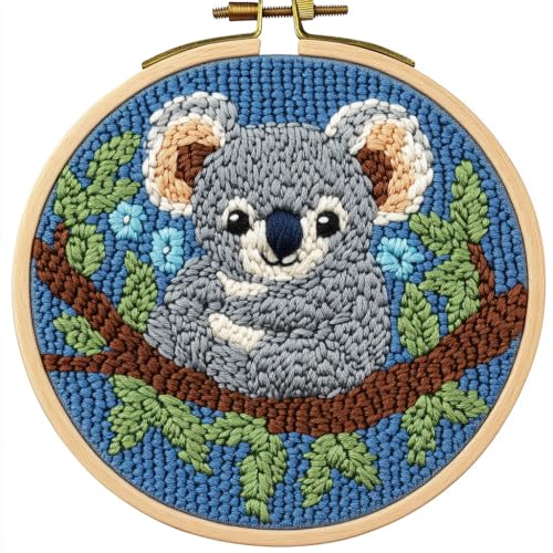DIY Punch Needle Kits Cute Cartoon Koala Portrait with Hoop 20x20cm-3 - color: 13-Koala