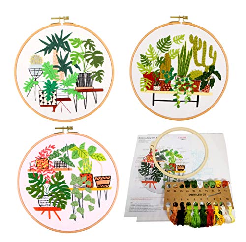 SUQUUB 3 Sets Embroidery Starter Kit with Pattern and Instructions,Cross Stitch Beginner Kits with Frame,3 Plastic Embroidery Hoops,3 Embroidery Clothes and Color Threads (3 X Plant Pattern) - color: 3 X plant pattern