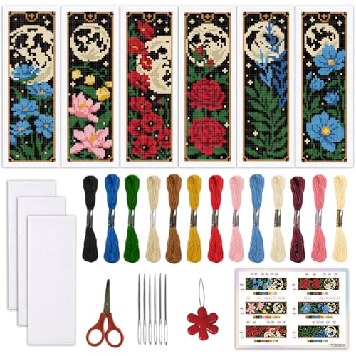 ORIGACH 6 Pack Gothic Flowers & Moon Cross Stitch Kit - style: Gothic Style Flowers & Full Moon