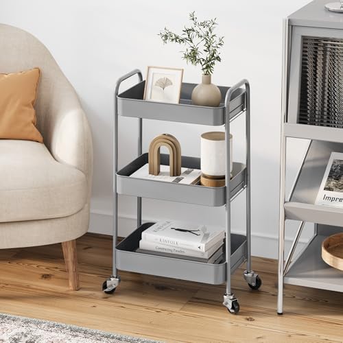 TOOLF 3 Tier Metal Rolling Cart, Utility Storage Cart with Wheels, Grey - color: Grey, size: 3-Tier