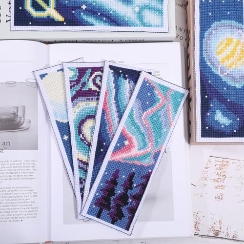 ORIGACH 6 Set Cross Stitch Bookmark Kit for Beginner Starry Sky Pattern DIY Stamped Embroidery Bookmark Kit with 20 Colors Embroidery Floss Instructions 8''x2.4'' - style: Starry Sky