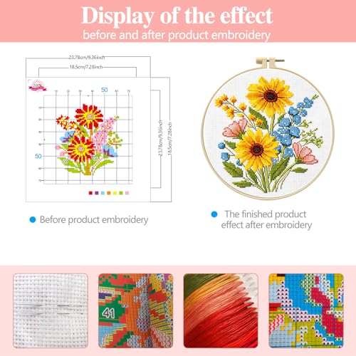 Zhenqing Sunflower Bouquet Cross Stitch Kit for Beginners - Complete Set with Pre-Printed 11CT 24x24cm Fabric, Hoop & Threads(65637) - color: 65637